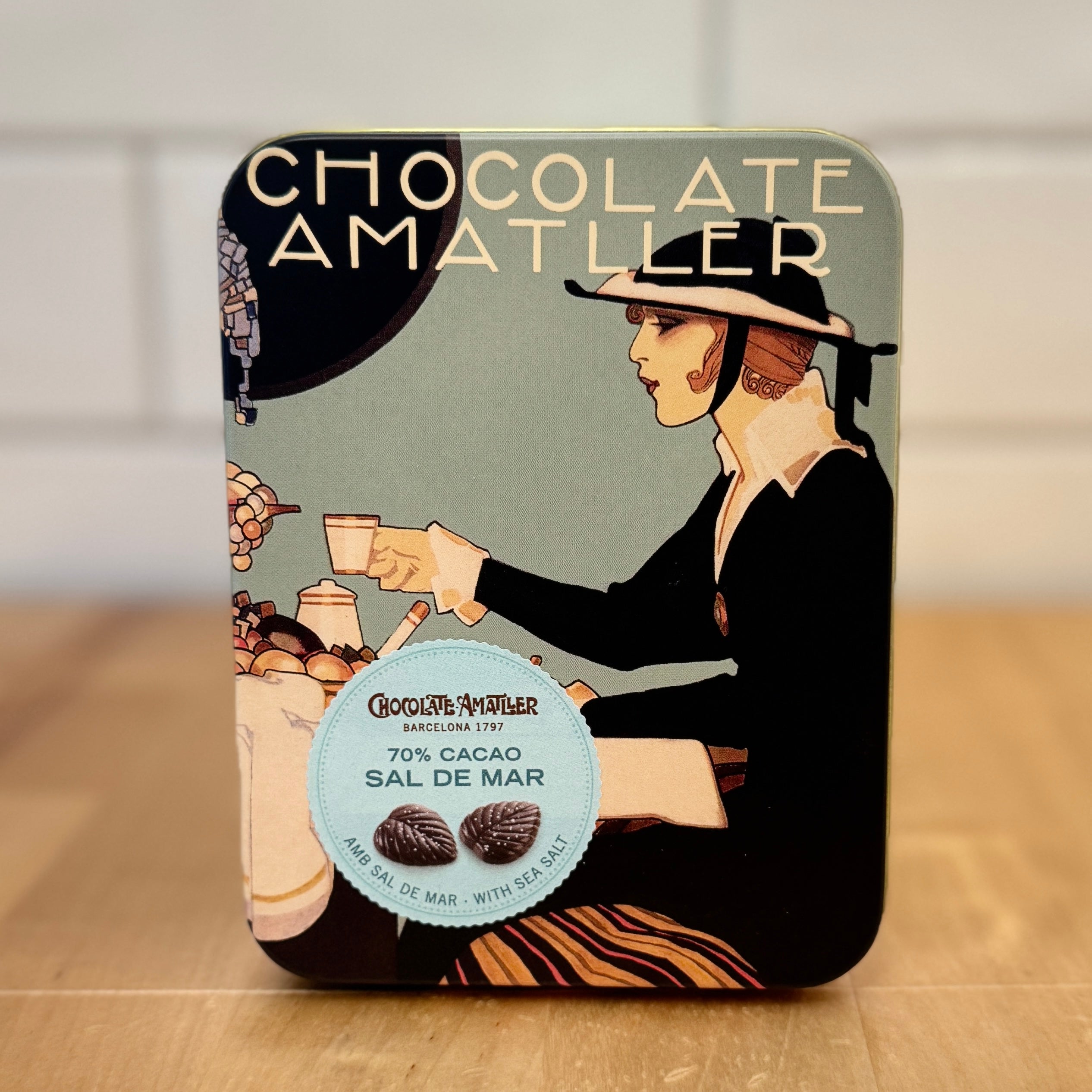 CHOCOLATE AMATLLER 70% Dark Chocolate Leaves w/ Sea Salt Tin 60g
