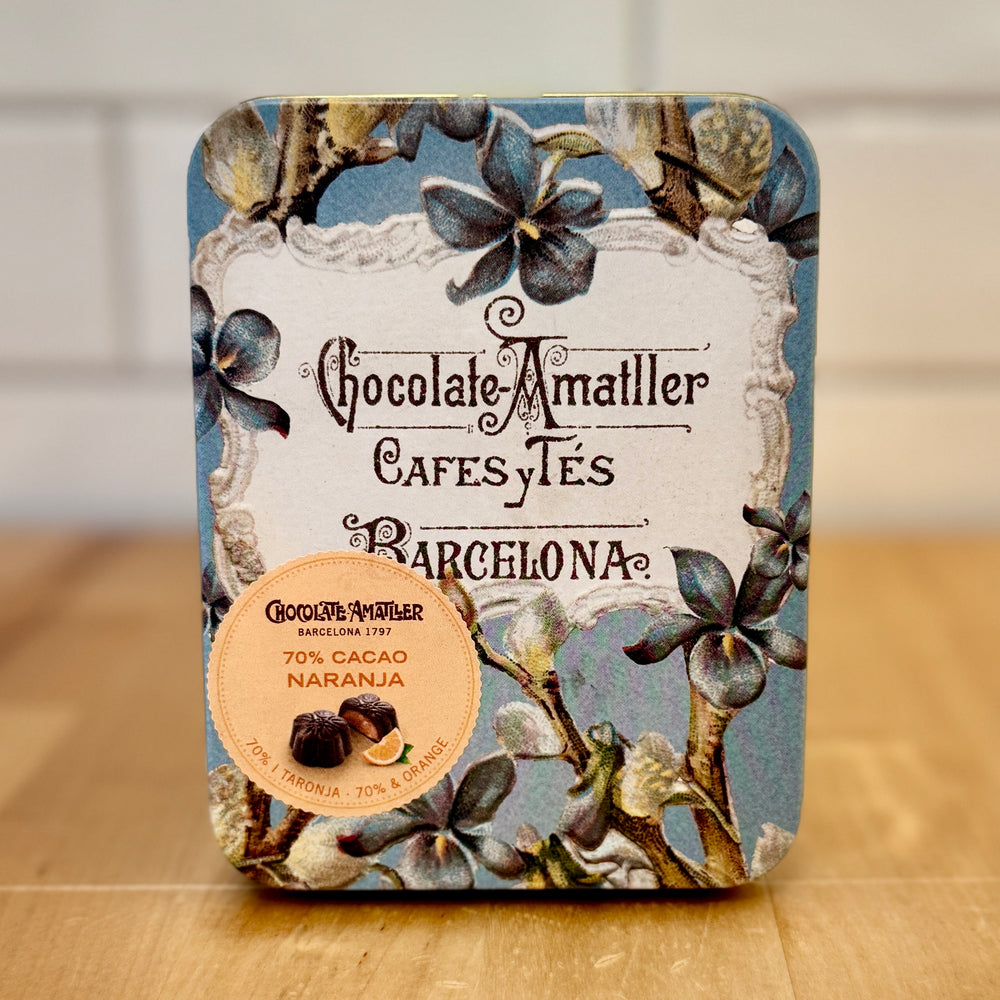 CHOCOLATE AMATLLER 70% Dark Chocolate With Orange Pralines in Tin 72g